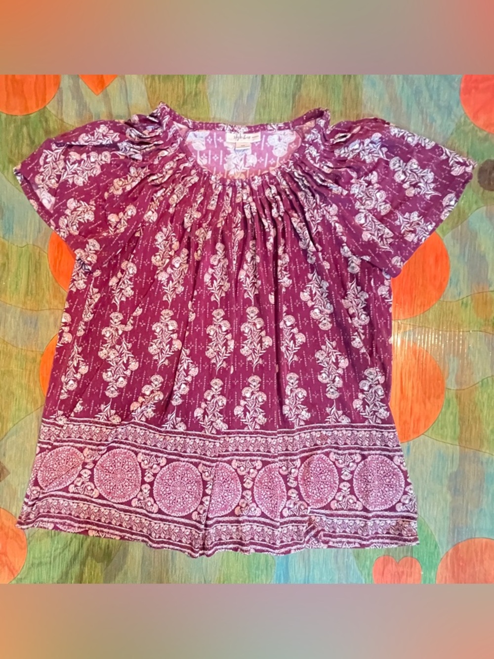 Style & Co Blouse Sz 0X Red Burgundy Floral Boho Round Neck Pullover Polyester
